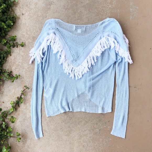 Wildfox Saddle Blue White Fringe Waylon Sweater - Picture 3 of 4